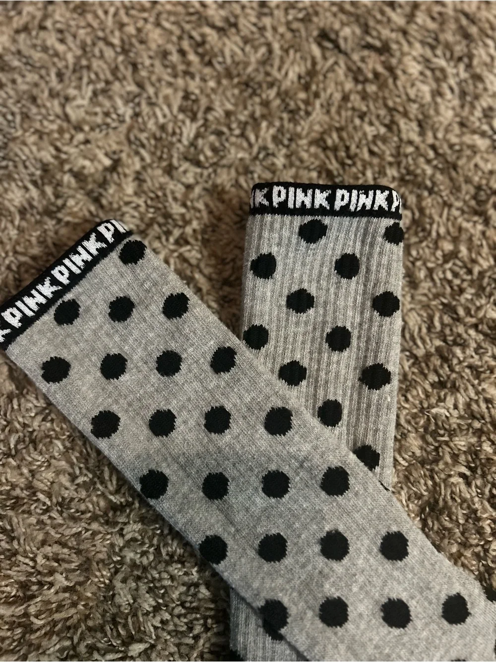 PINK Victoria's Secret Gray Knee-High Socks with Black Polka Dots